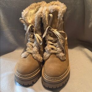 Sam Edelman New Kyler 2 Tan  Winter Suede Lace up Boots with Faux Fur BNWOT